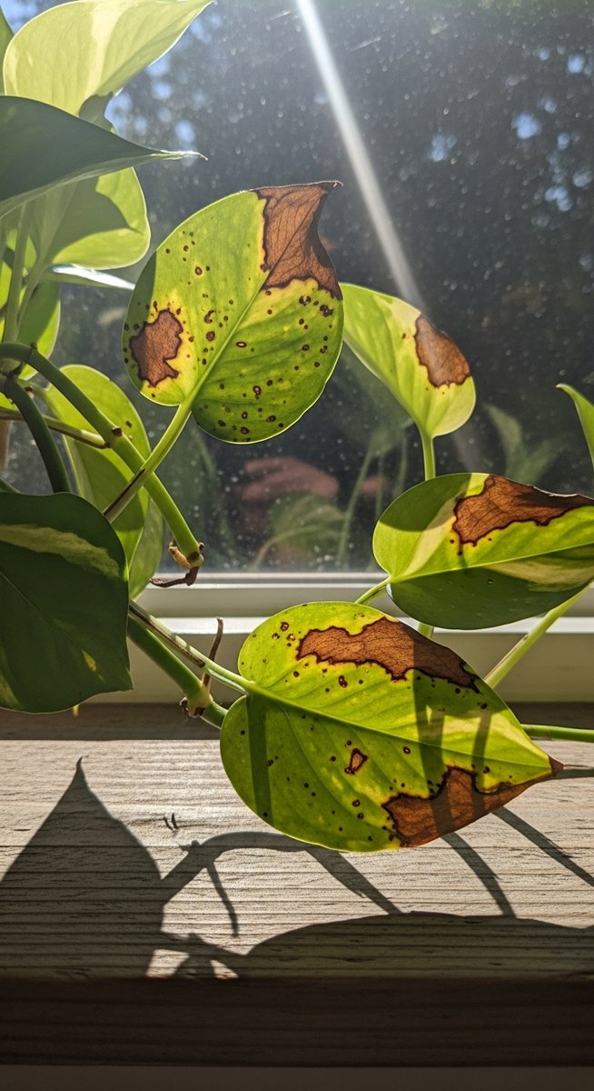 a pothos plant with brown spotted foliage on a windowsill