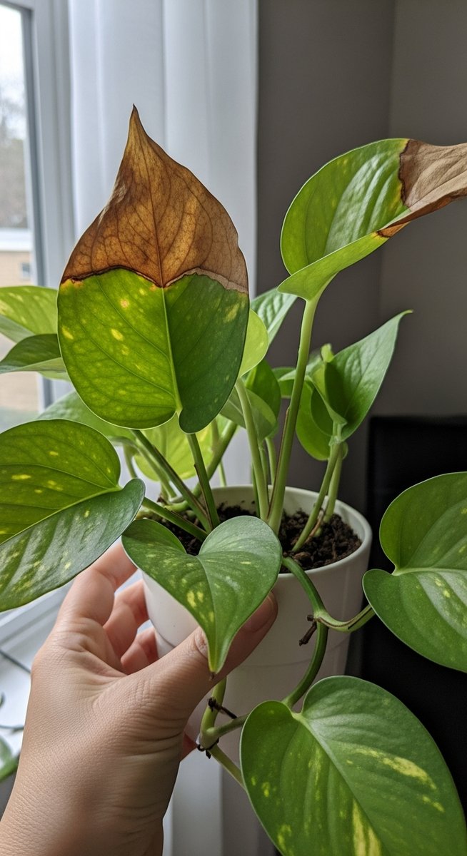a pothos plant with brown spotted leaves in a home setting
