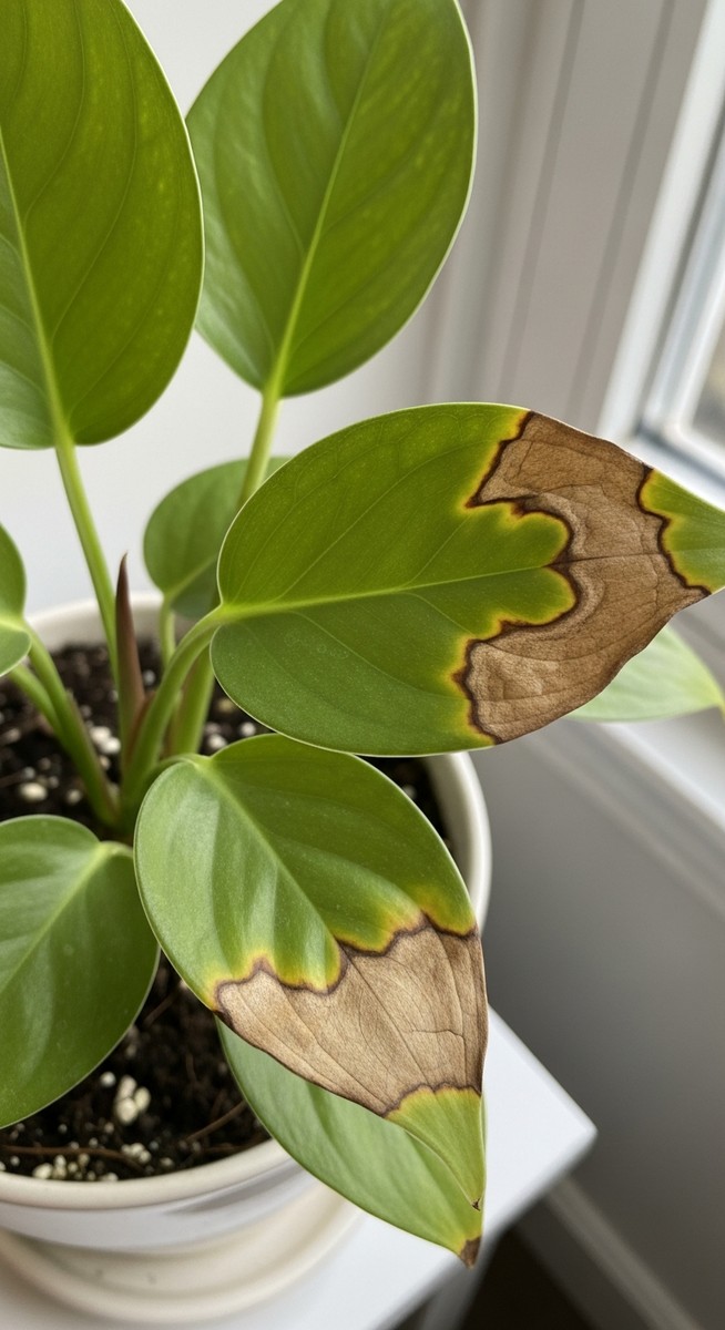 a brown tips houseplants plant with several leaves showing brown spot damage