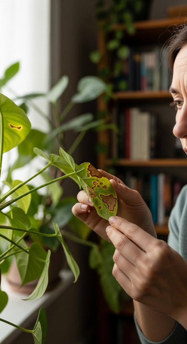 a person inspecting brown spots on a brown tips houseplants leaf