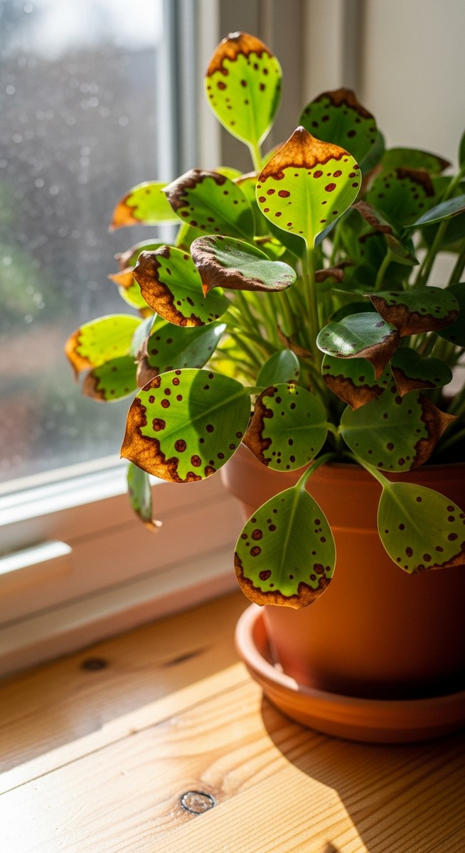 a brown tips houseplants plant with brown spotted foliage on a windowsill