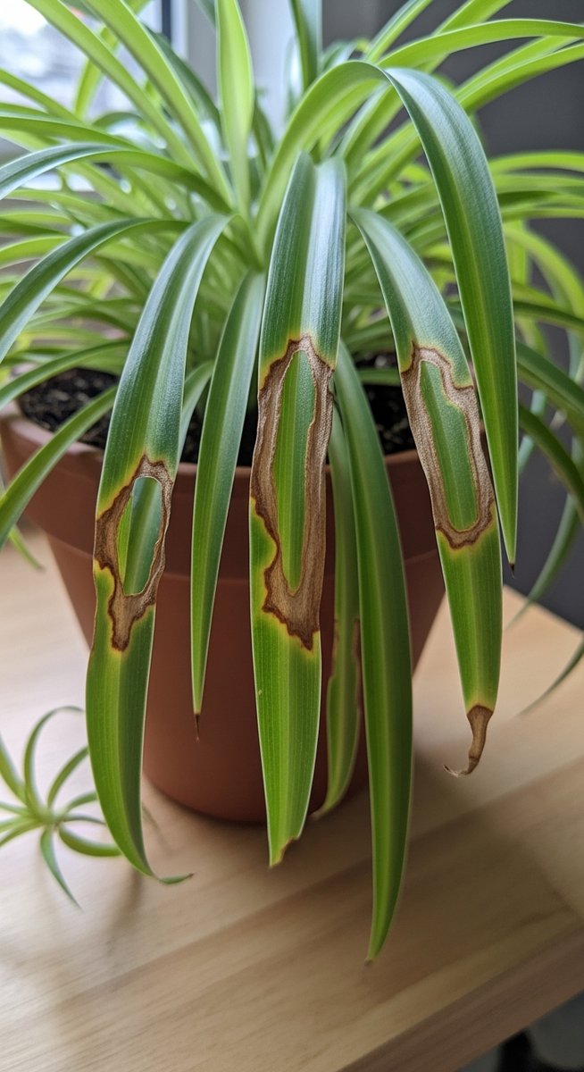 a spider plant plant with several leaves showing brown spot damage