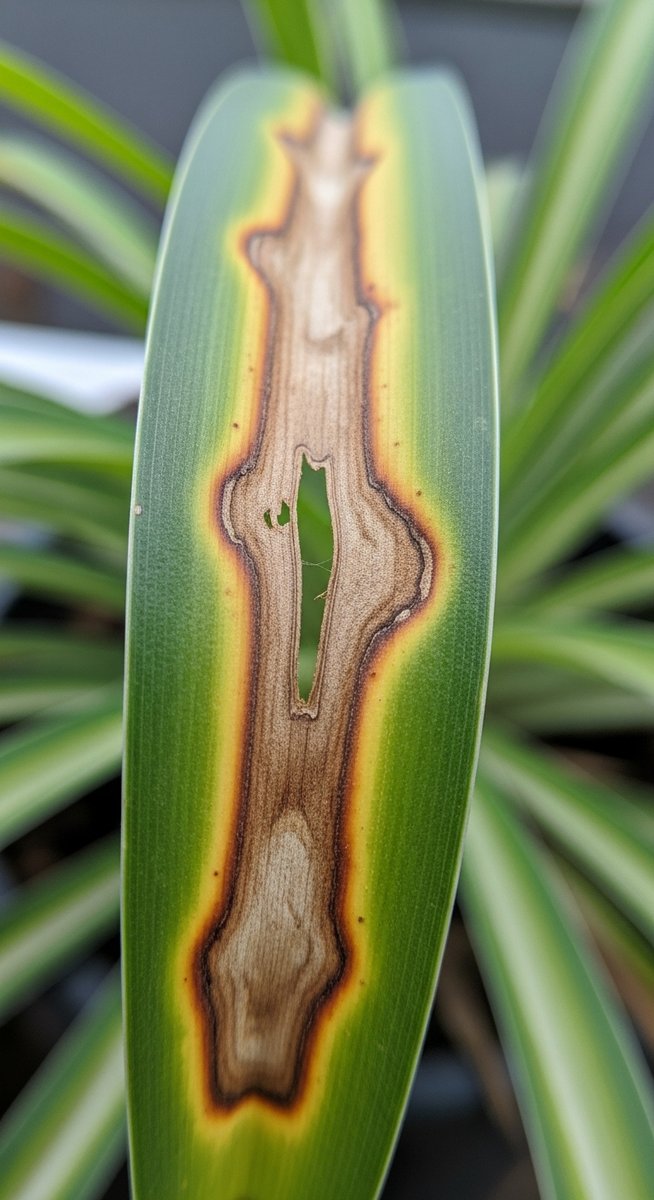 close-up of a single spider plant leaf with brown spots and discolouration, for brown tips spider plants