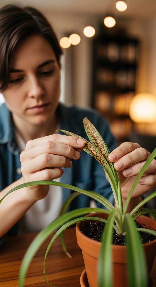 a person inspecting brown spots on a spider plant leaf