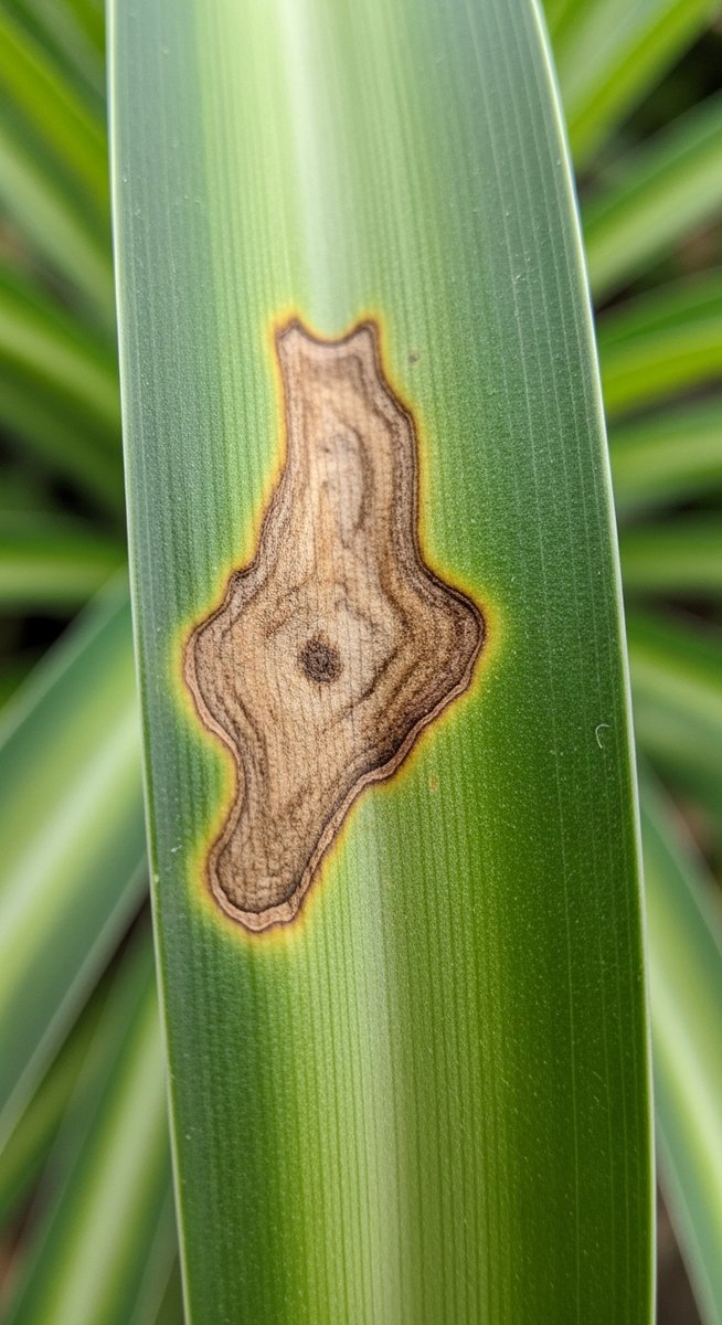 macro close-up of brown spot damage on a spider plant leaf, for brown tips spider plants