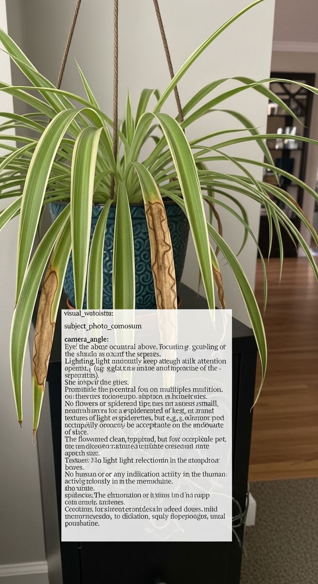a spider plant plant with brown spotted leaves in a home setting