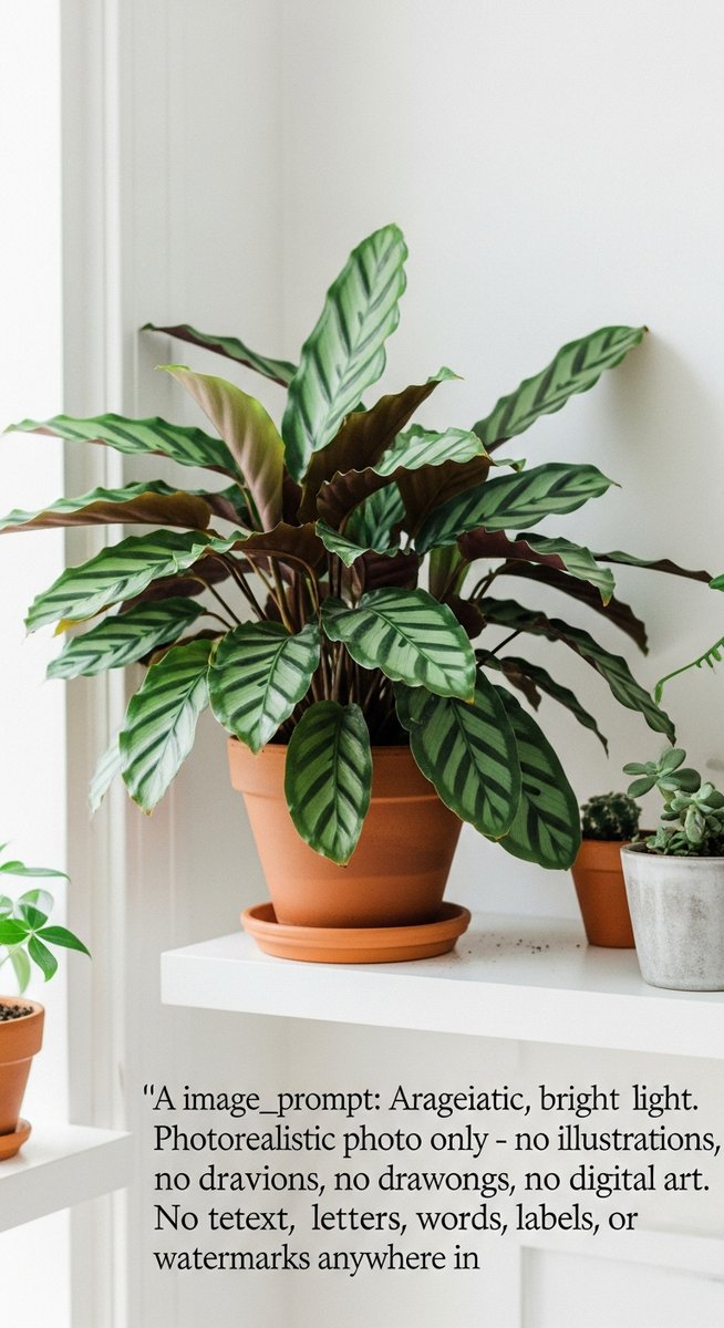 a lush calathea plant in a terracotta pot on a white shelf
