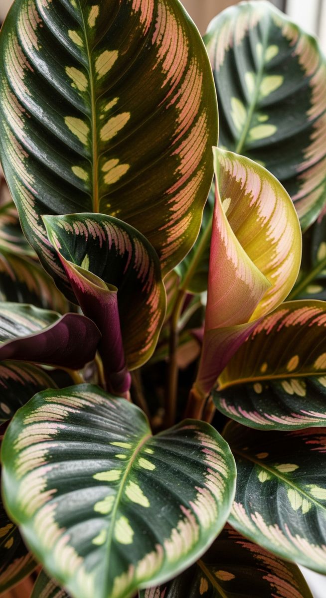 close-up of healthy calathea leaves showing vivid colour and texture, for calathea beauty star