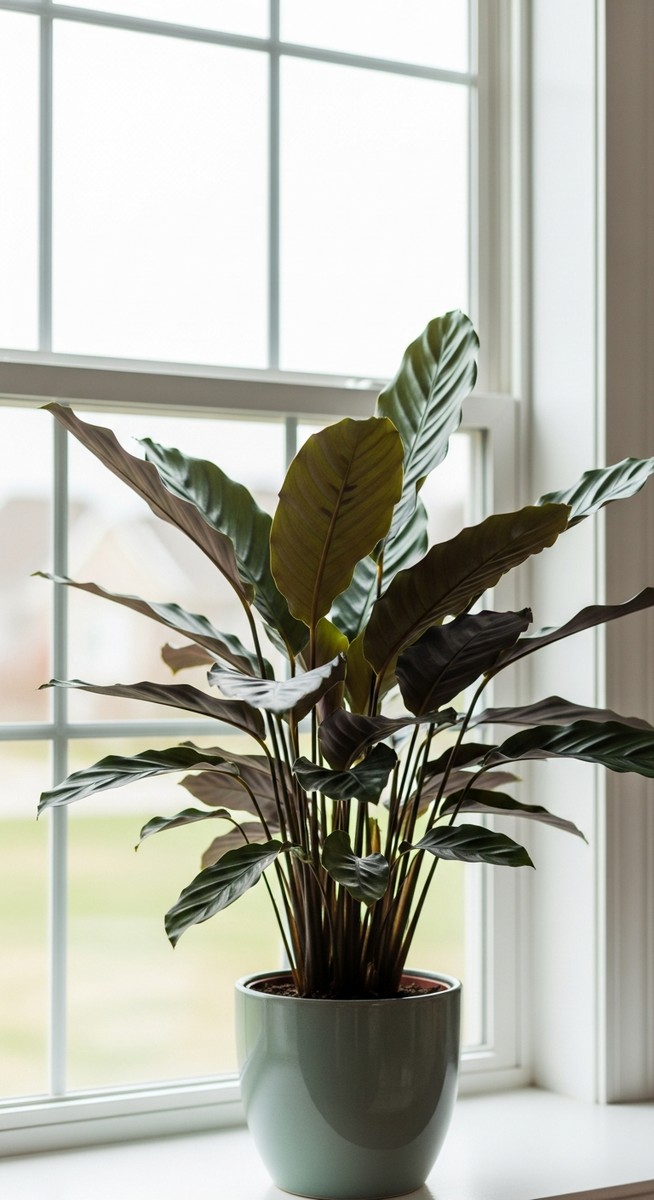 a calathea plant in a pot near a bright window