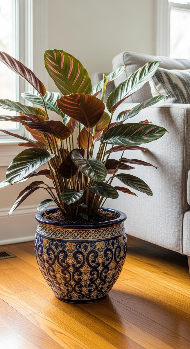 a calathea plant in a decorative pot on a wooden floor