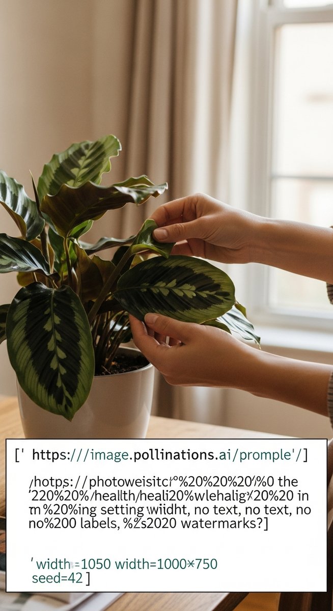 hands touching the leaves of a healthy calathea plant