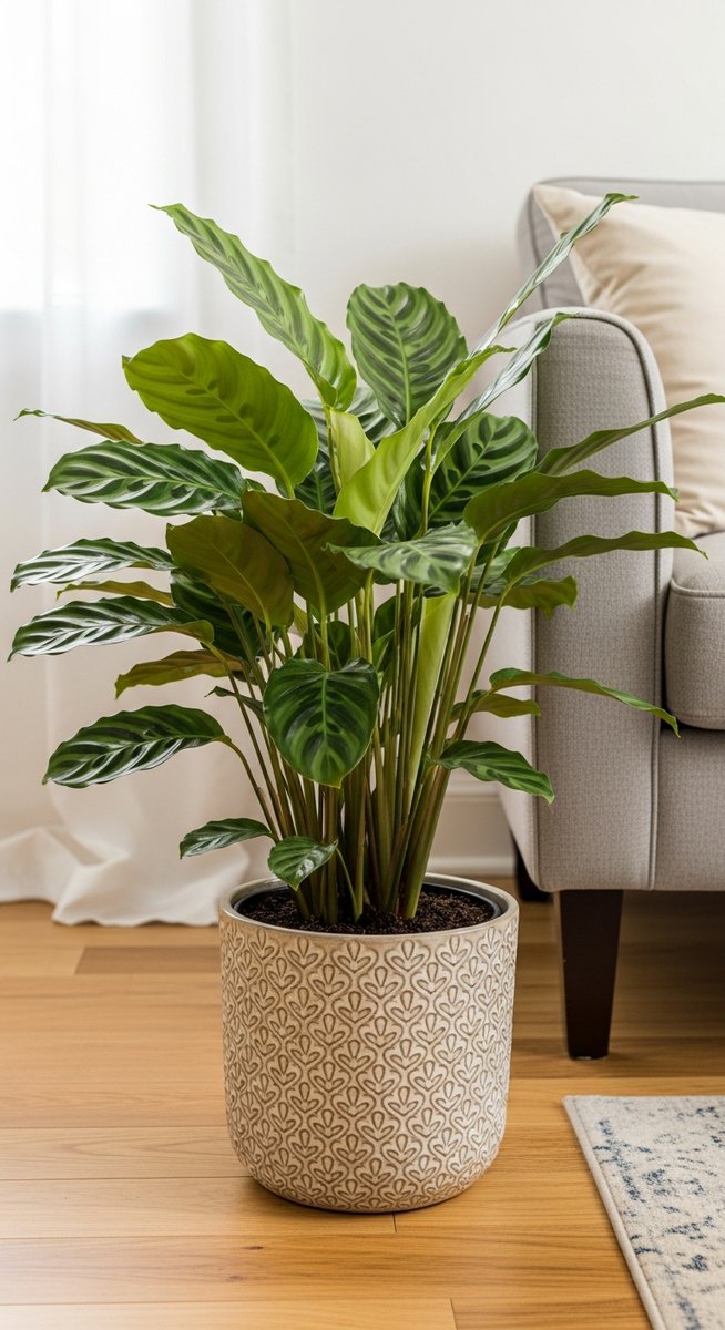 a calathea plant in a decorative pot on a wooden floor