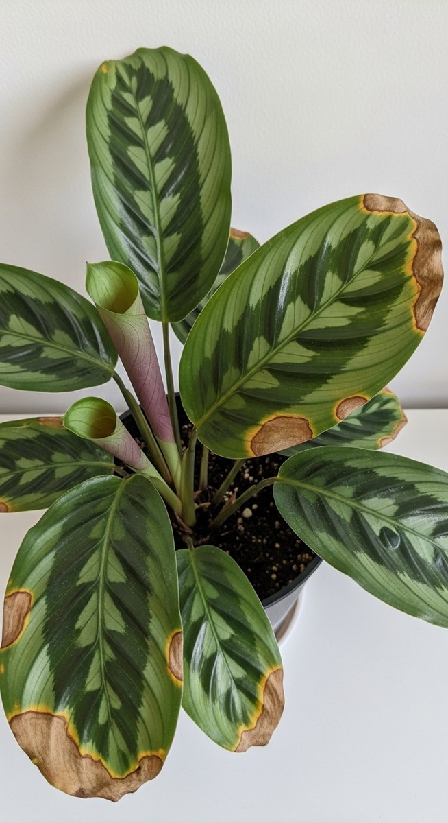 a calathea plant with several leaves showing brown spot damage