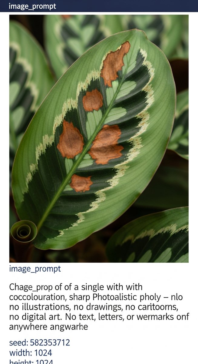 close-up of a single calathea leaf with brown spots and discolouration, for calathea brown spots