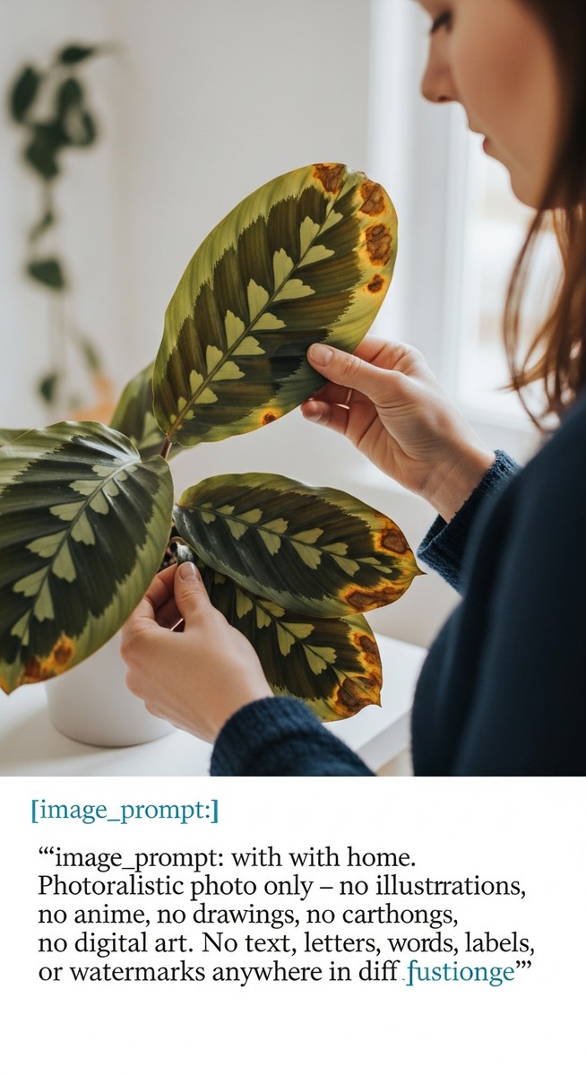 a person inspecting brown spots on a calathea leaf
