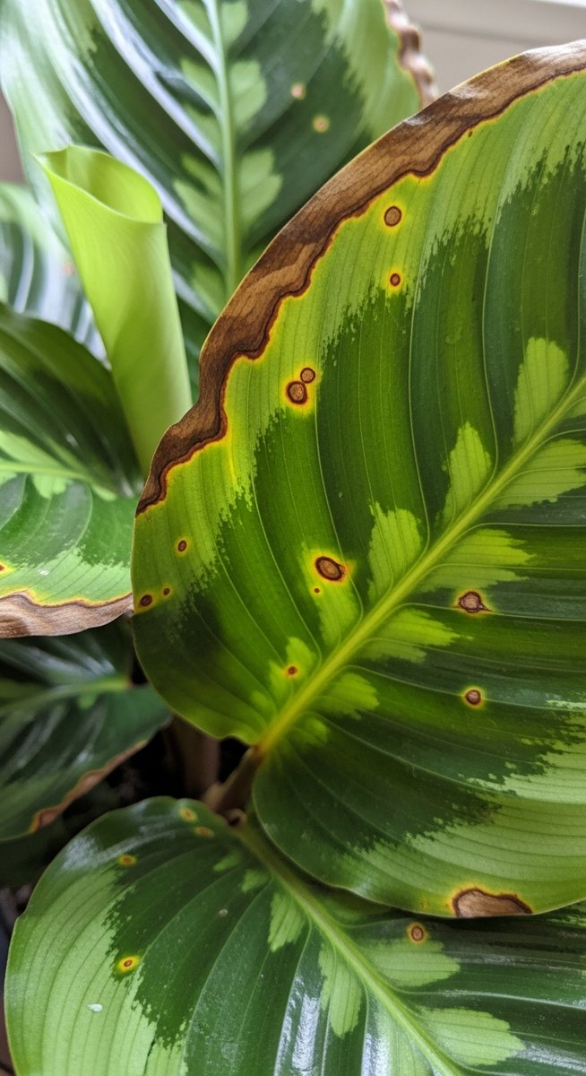 close-up of calathea leaves showing brown edges and spots, for calathea brown spots