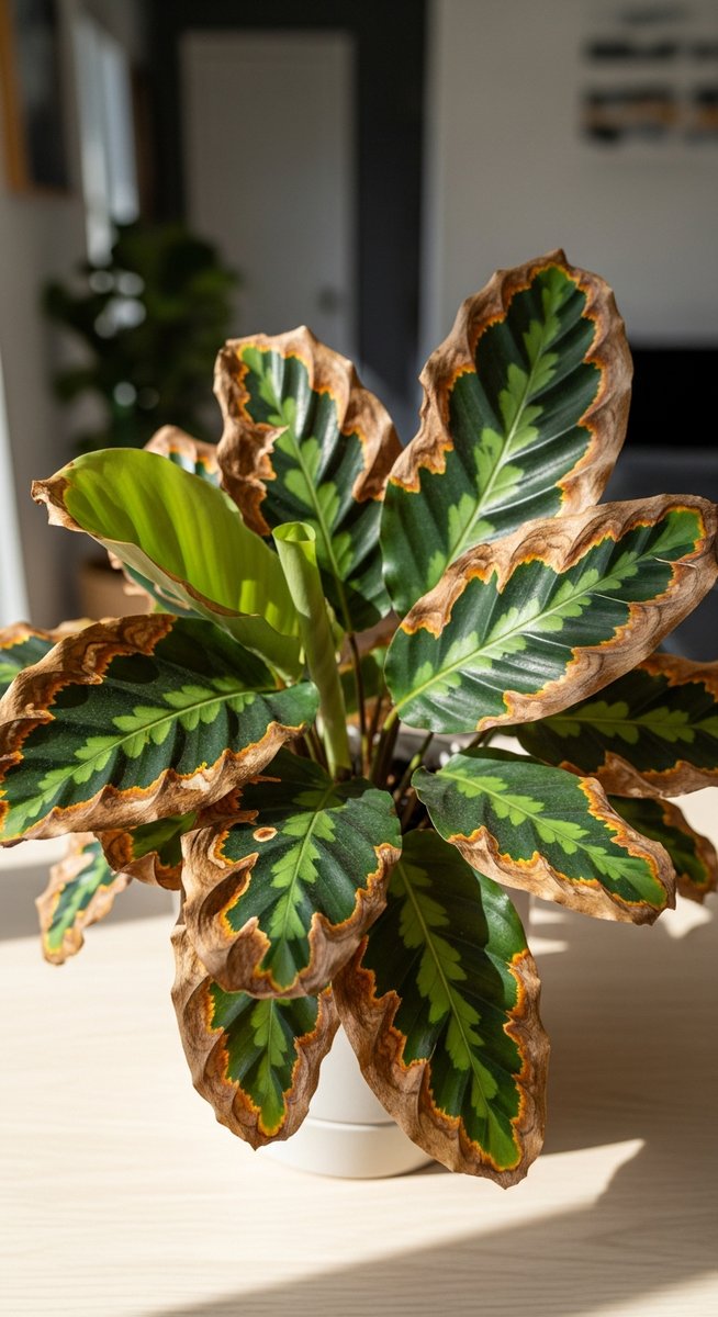a calathea plant with brown spotted leaves in a home setting