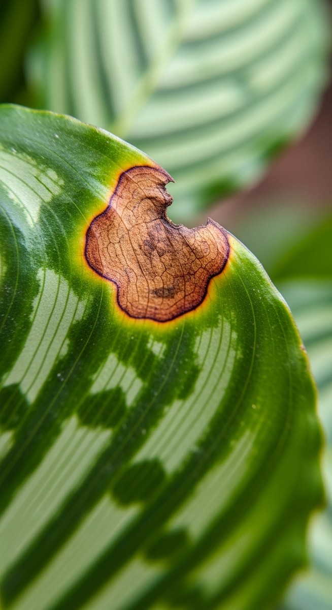 macro close-up of brown spot damage on a calathea leaf, for calathea brown spots