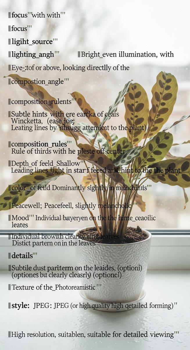 a calathea plant with brown spotted foliage on a windowsill