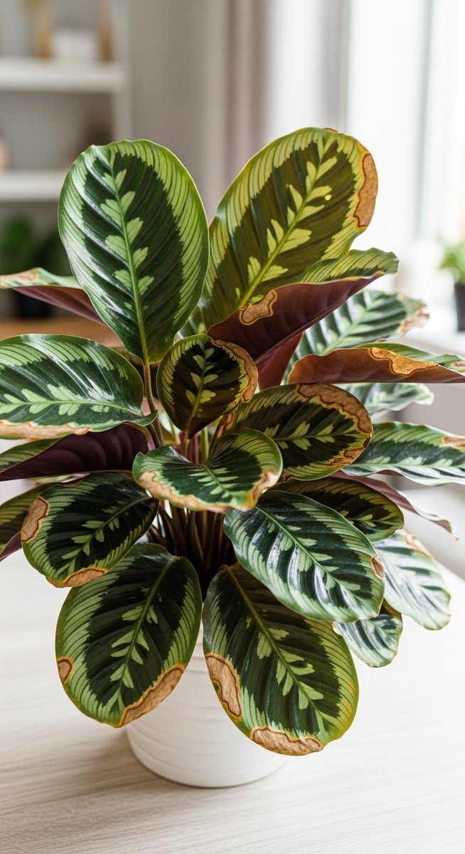 a calathea plant with brown spotted leaves in a home setting