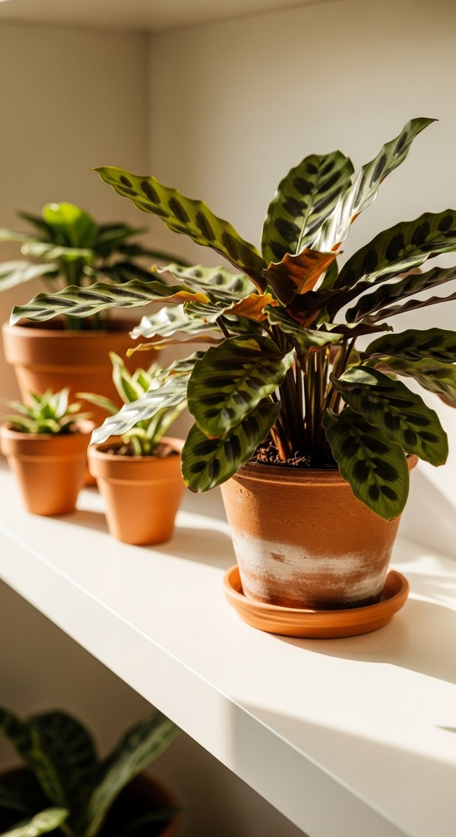 a lush calathea plant in a terracotta pot on a white shelf