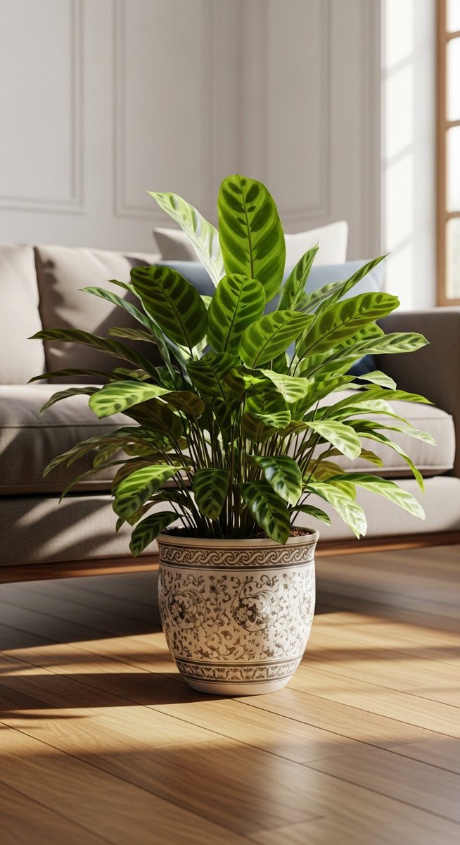 a calathea plant in a decorative pot on a wooden floor