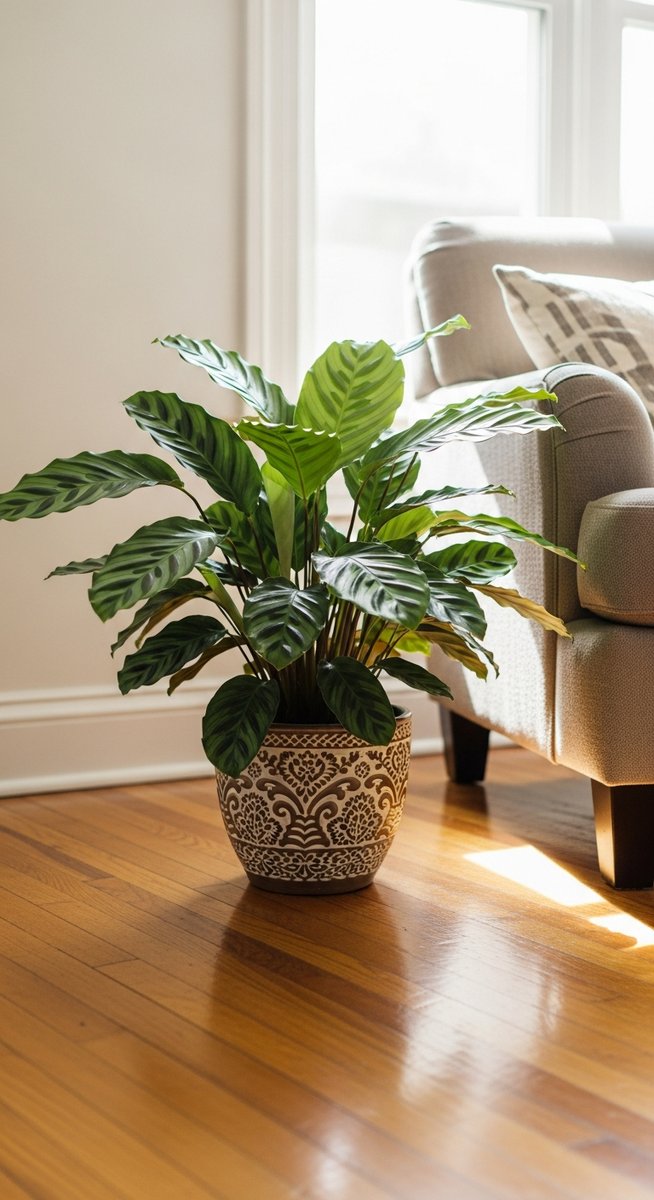 a calathea plant in a decorative pot on a wooden floor