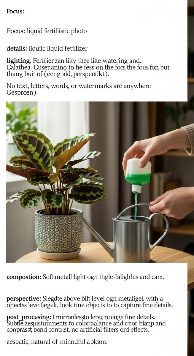 hands adding liquid fertilizer to a watering can next to a calathea plant