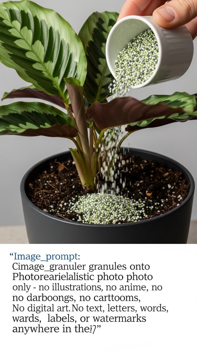 close-up of fertilizer granules being added to the soil of a calathea plant, for calathea fertilizer