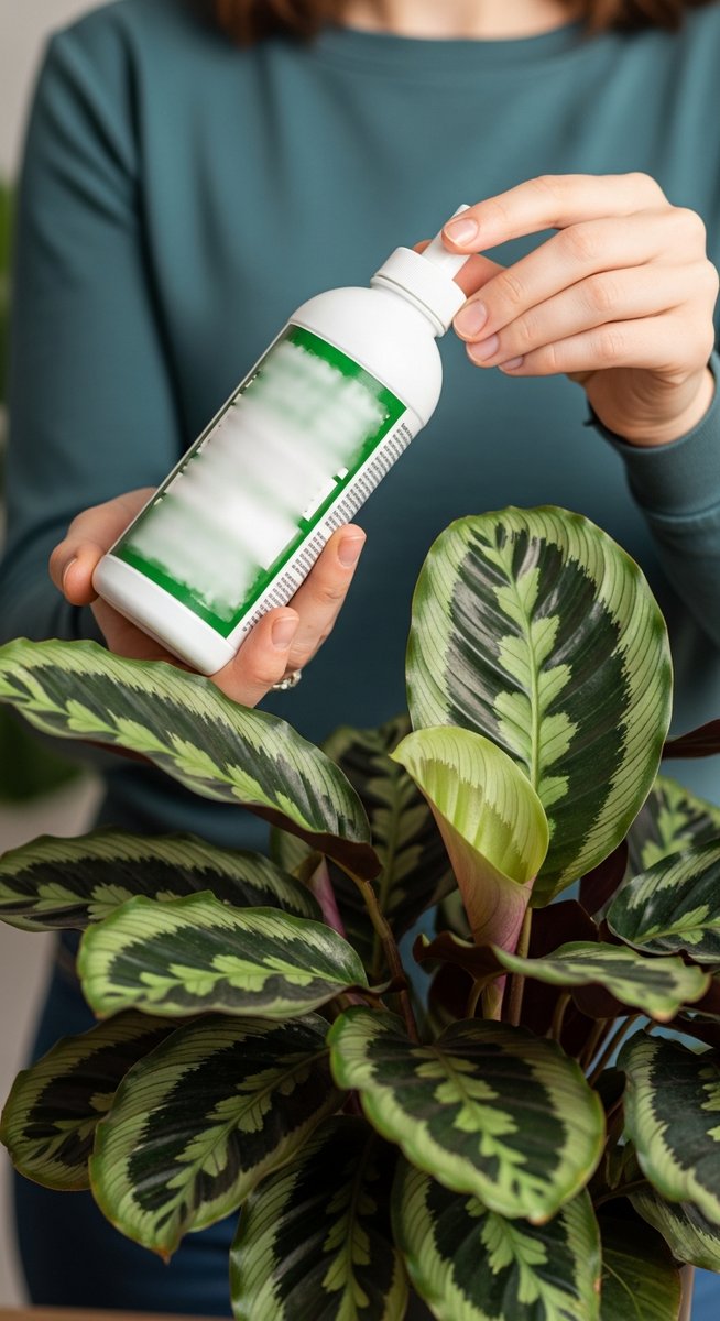 a person reading a fertilizer label standing next to a calathea plant, for calathea fertilizer