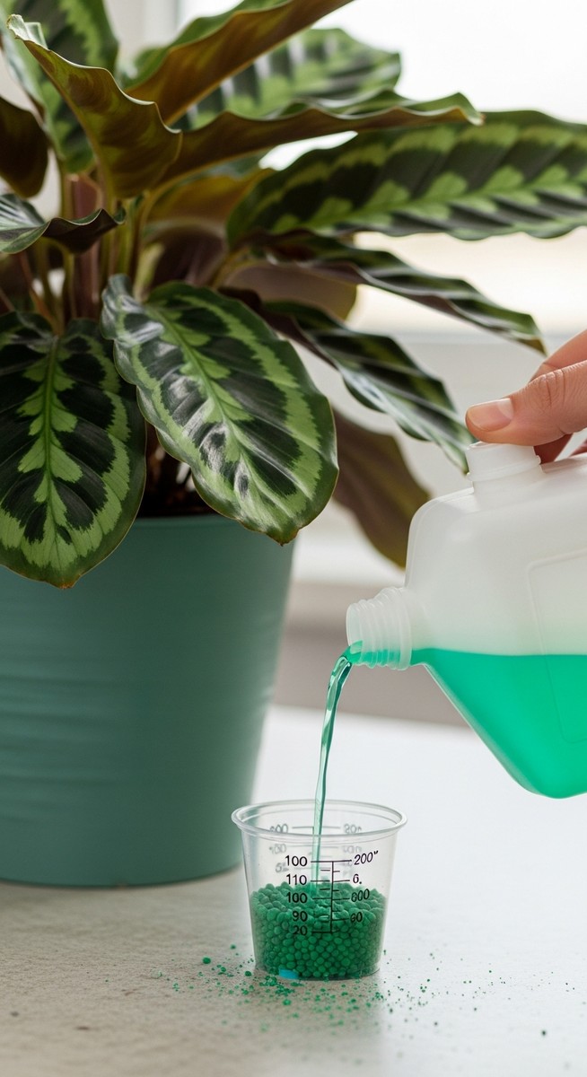 close-up of liquid fertilizer being measured next to a calathea plant