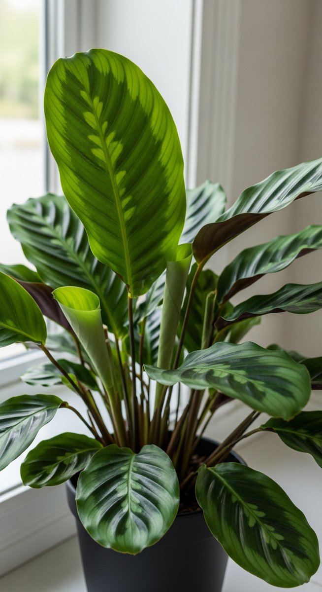 a calathea plant showing lush healthy growth after fertilizing, for calathea fertilizer
