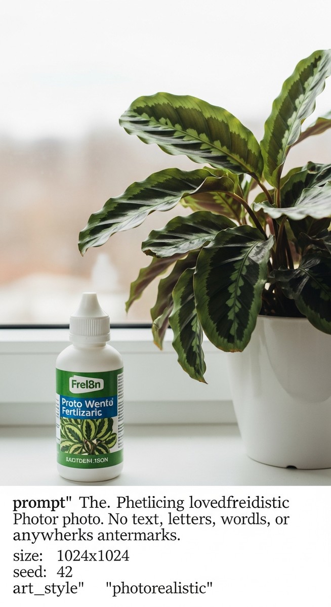 a fertilizer bottle placed next to a thriving calathea plant on a windowsill