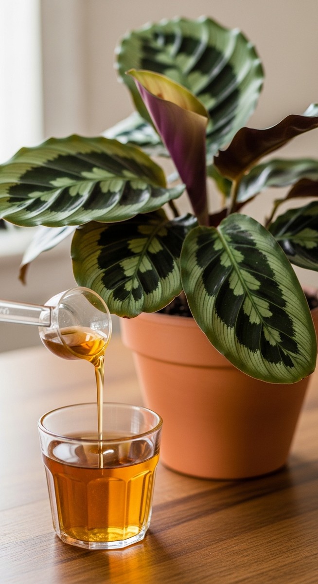 close-up of liquid fertilizer being measured next to a calathea plant