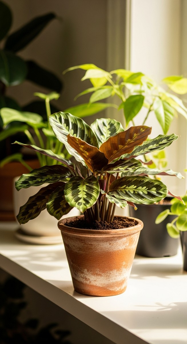 a lush calathea plant in a terracotta pot on a white shelf