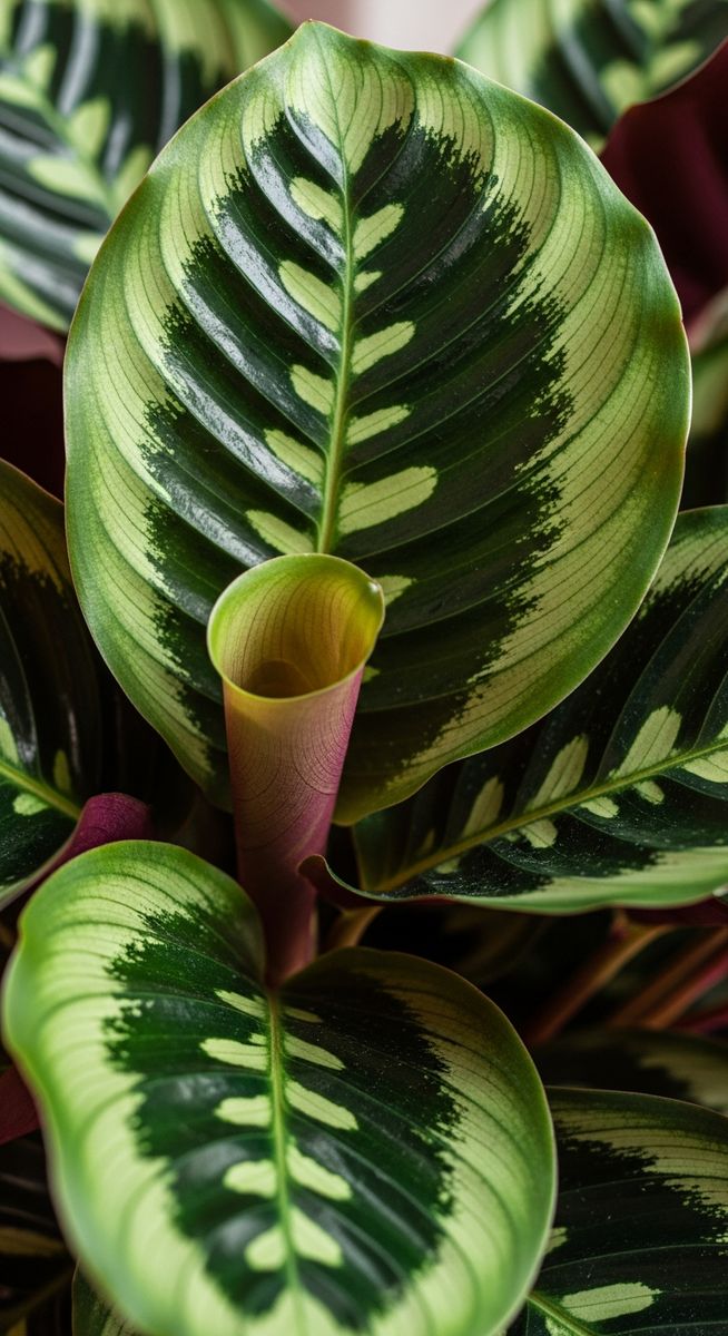 close-up of healthy calathea leaves showing vivid colour and texture, for calathea lancifolia