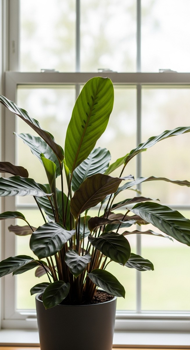 a calathea plant in a pot near a bright window