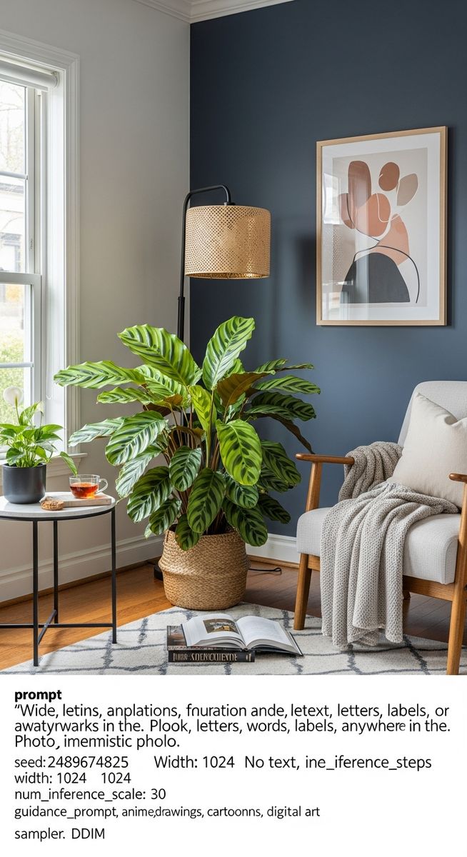 a large thriving calathea plant as a living room focal point, for calathea lancifolia