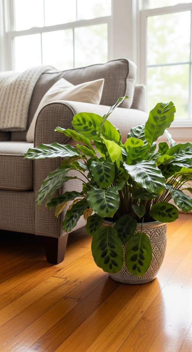 a calathea plant in a decorative pot on a wooden floor