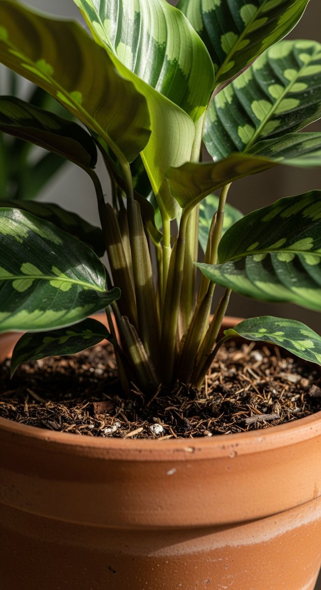 close-up of the base and lower leaves of a calathea plant, for calathea lancifolia
