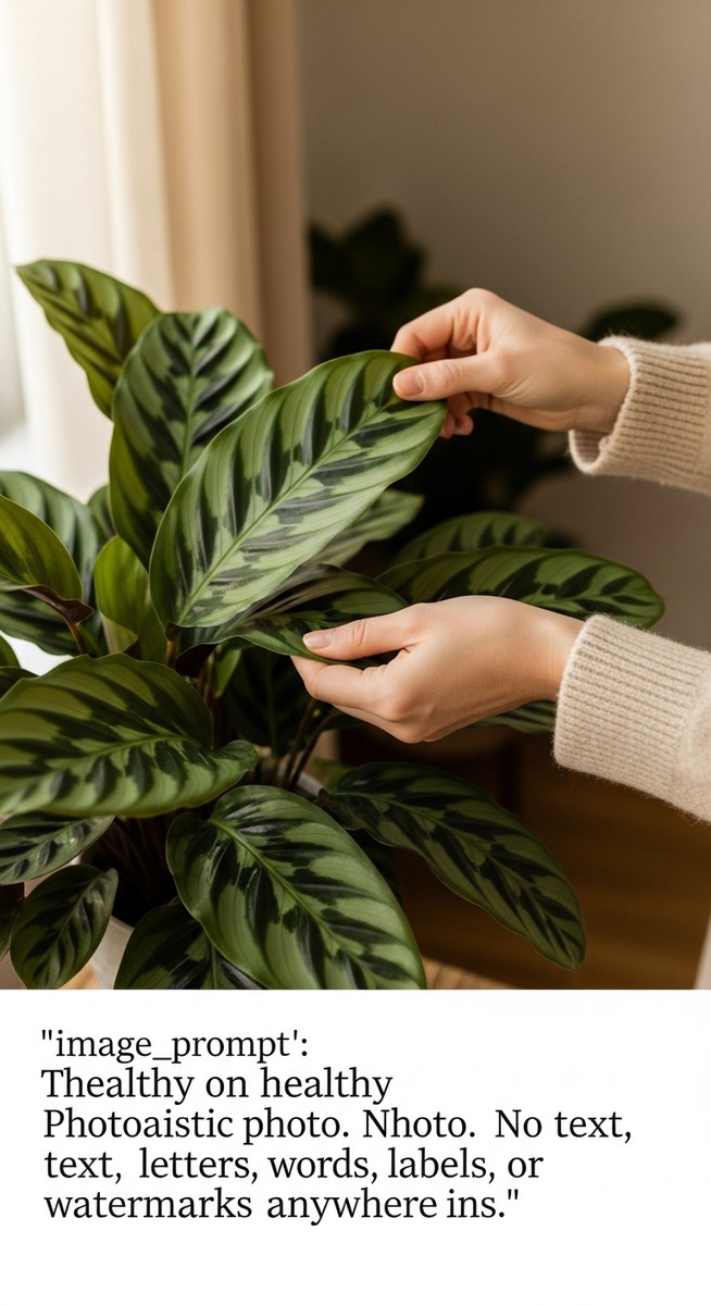 hands touching the leaves of a healthy calathea plant