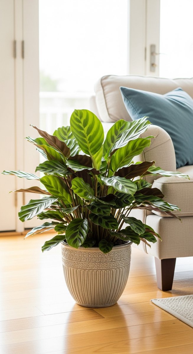 a calathea plant in a decorative pot on a wooden floor