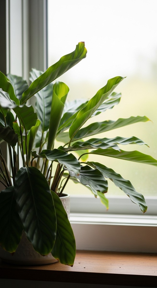 a calathea plant on a windowsill with noticeably curling leaves