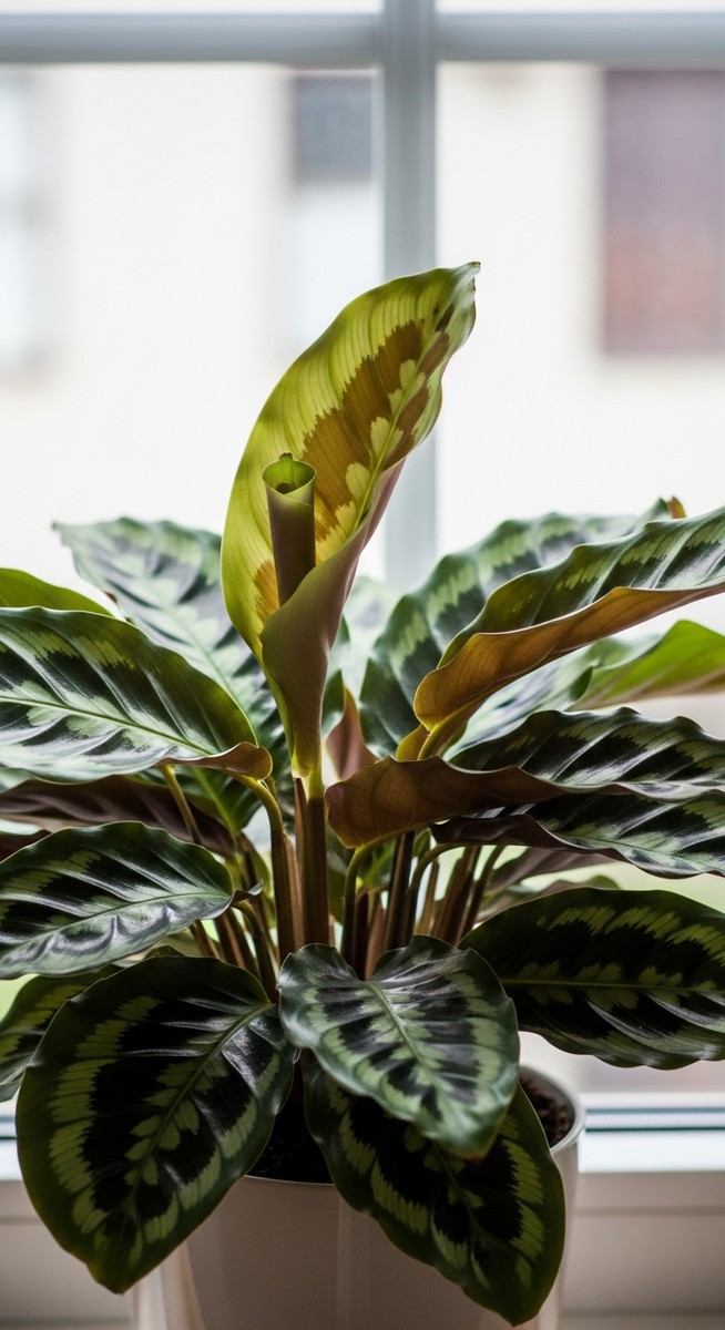side view of a calathea plant showing leaves curling upward