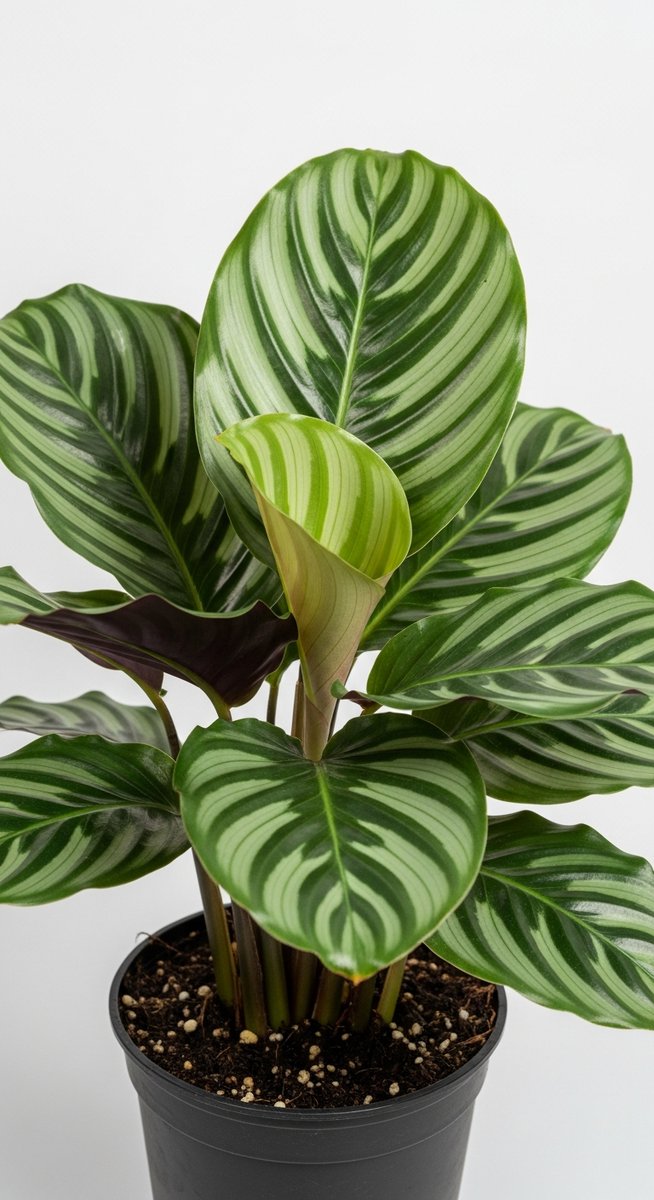 A calathea plant in a pot with its leaves in their closed or partially closed po