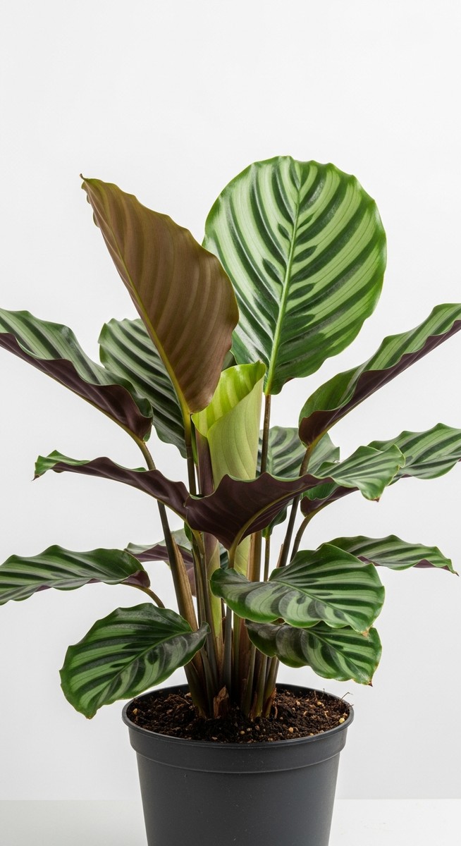 A calathea plant in a pot with its leaves in their closed or partially closed po, for calathea leaves not opening
