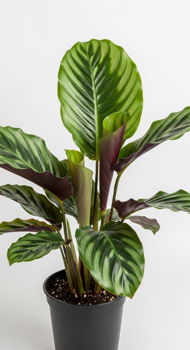 A calathea plant in a pot with its leaves in their closed or partially closed po