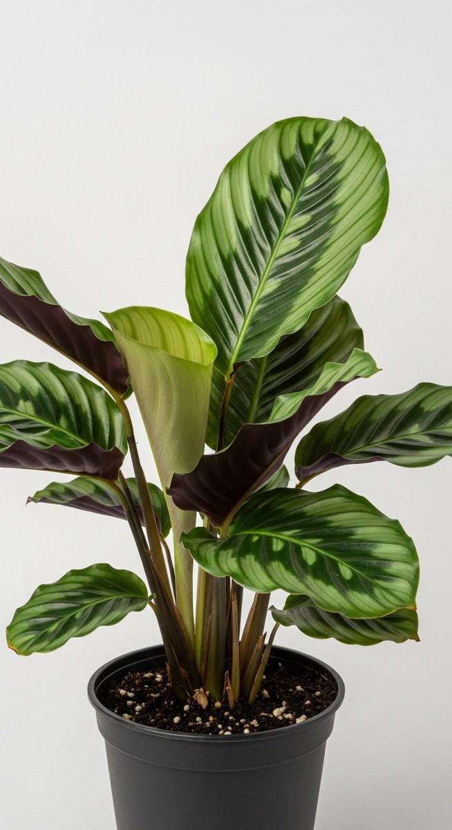 A calathea plant in a pot with its leaves in their closed or partially closed po, for calathea leaves not opening
