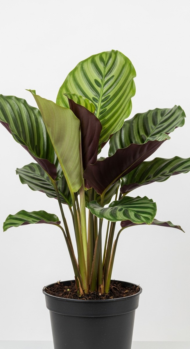 A calathea plant in a pot with its leaves in their closed or partially closed po, for calathea leaves not opening
