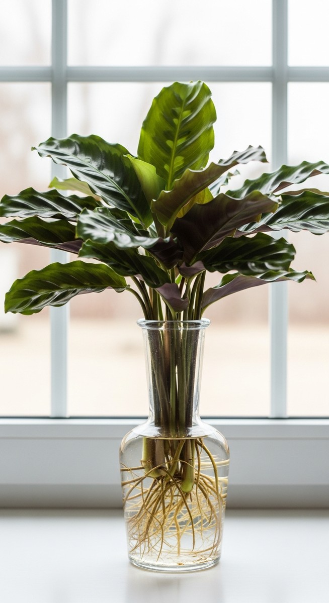 a calathea plant in a glass vase of water on a windowsill with visible roots, for calathea leca